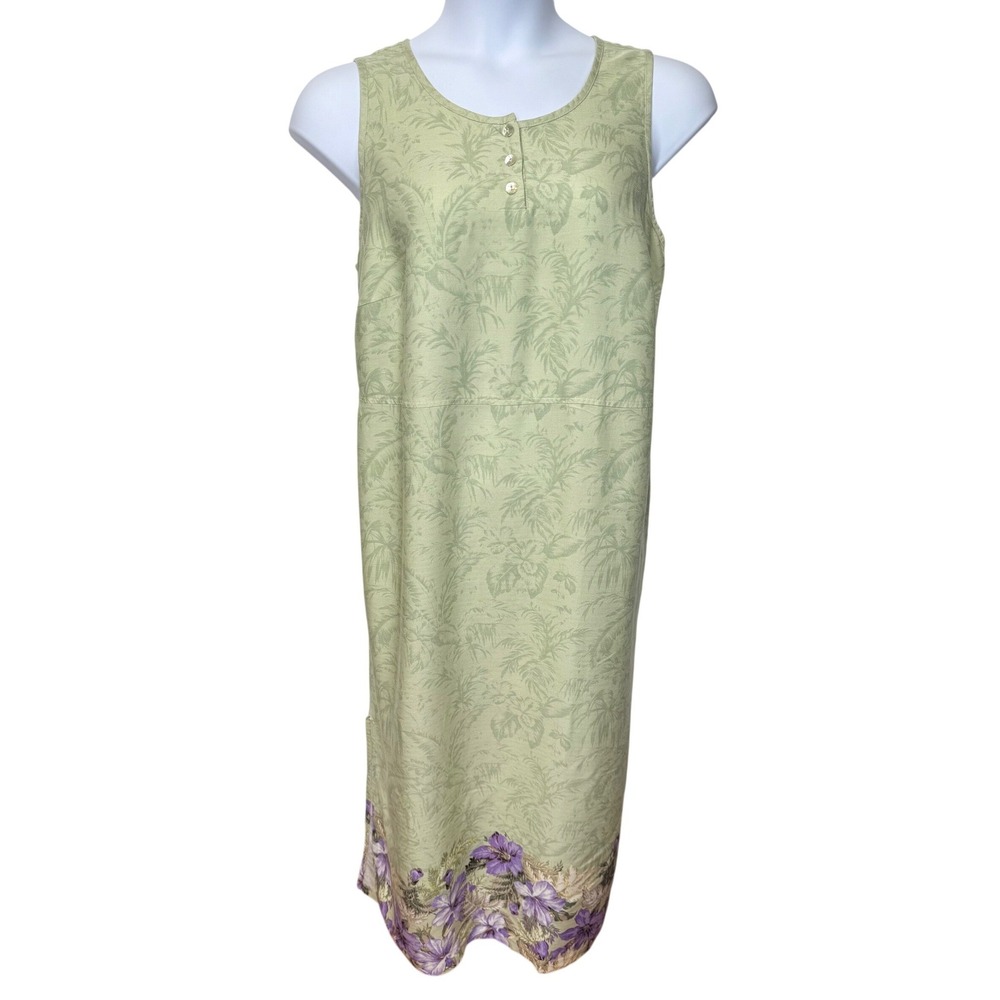 Koret Sleeveless Midi Floral Border Dress Women L 14-16 Green Tropical Boho Work